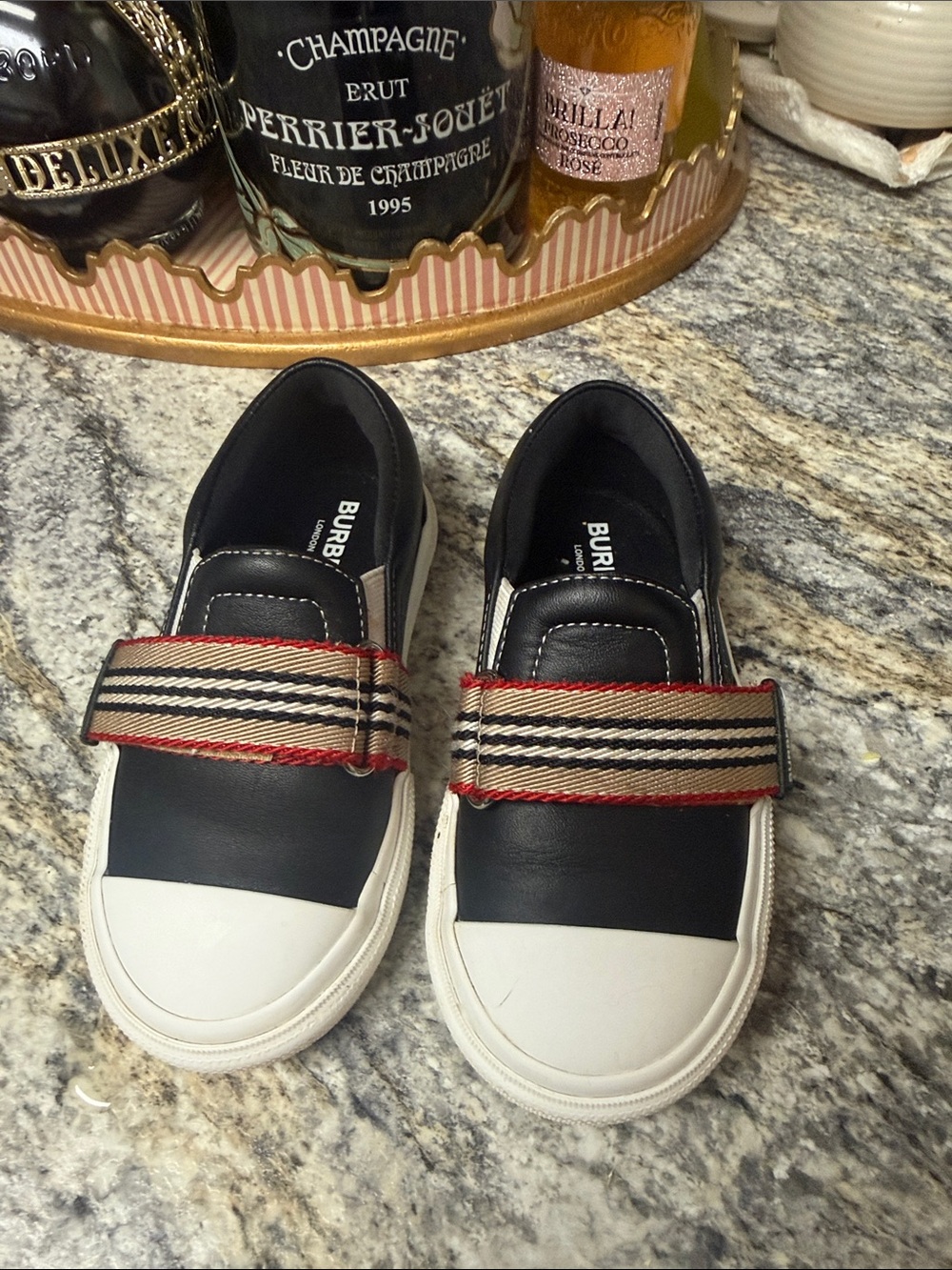 Burberry Black Leather Kids Slip-On Sneakers with Signature Stripe Strap